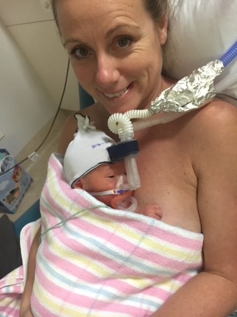 Baby on Leah's chest in hospital